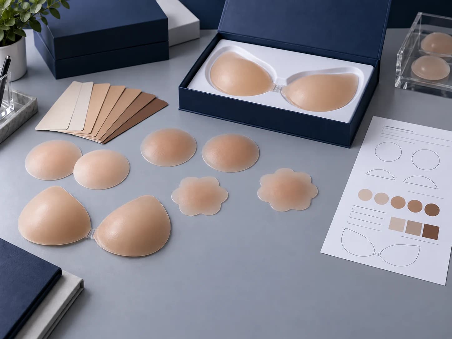 Silicone adhesive product samples, color swatches, specification artwork and private-label packaging prepared for OEM development